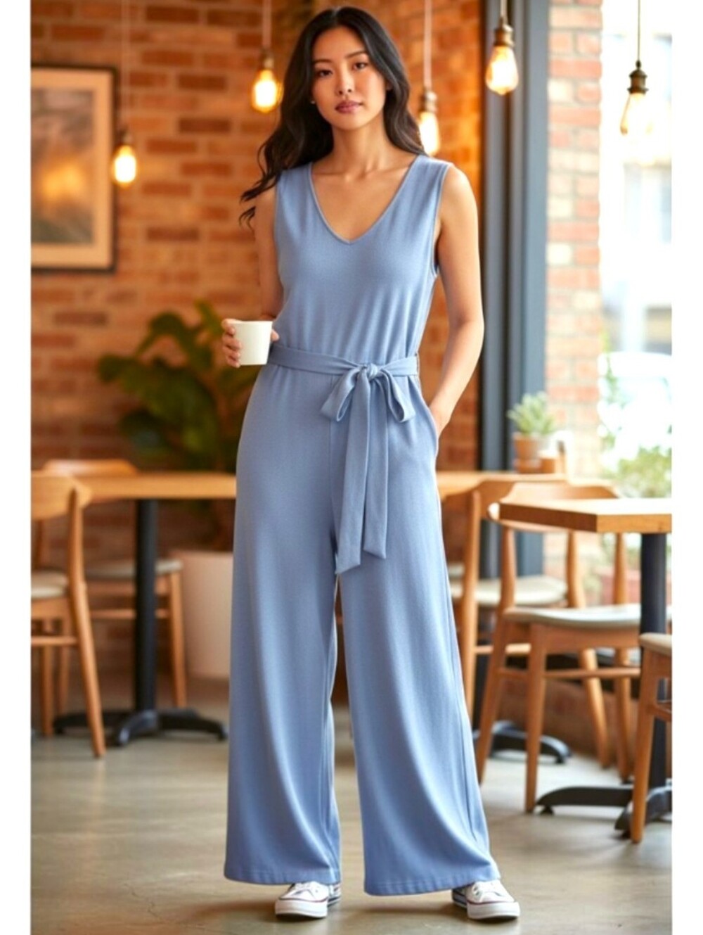 NORDSTROM RACK Dusty Blue Knit V-Neck Back Zip Wide Leg Jumpsuit Size XL
